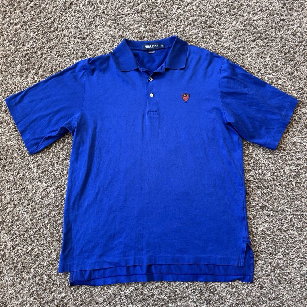 Vtg 90s Polo Golf Ralph Lauren Shirt Men M Blue Pima Cotton Shield Crest Patch